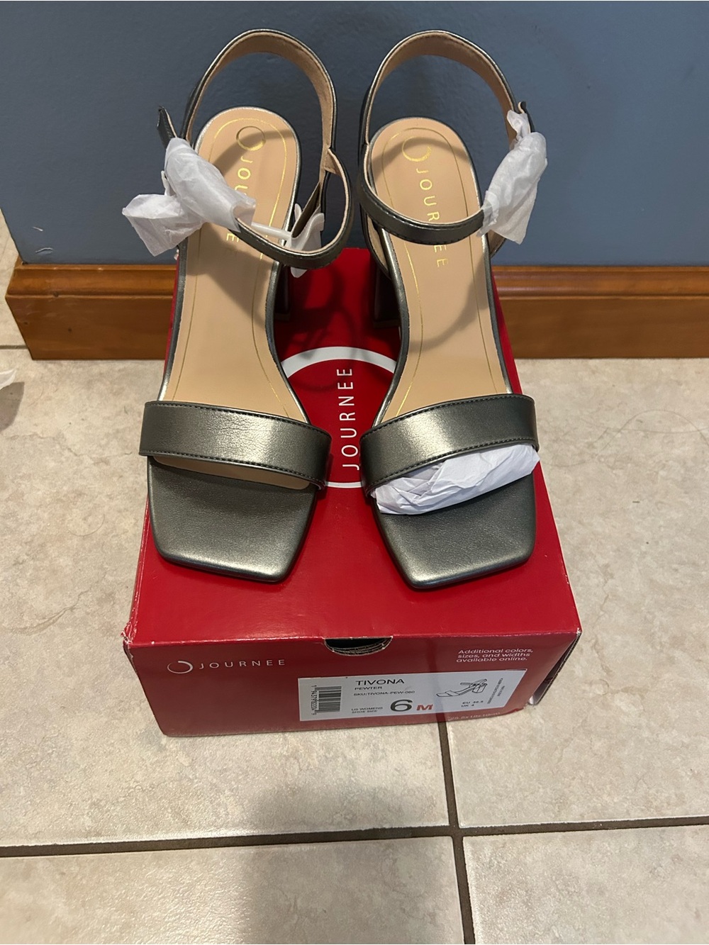 Journee Collection Metallic Pewter Block Heel Sandals